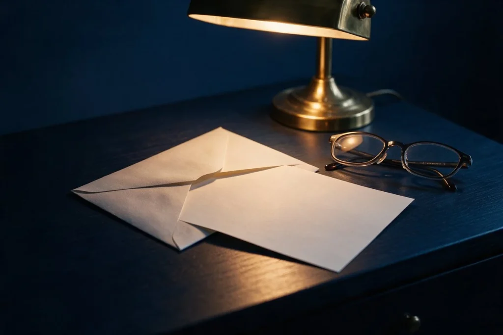 Envelope e óculos de leitura sobre a mesa de um escritório