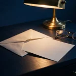 Envelope e óculos de leitura sobre a mesa de um escritório
