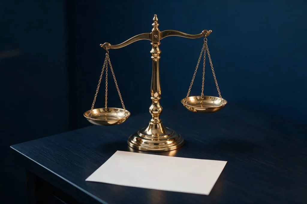 Balança da justiça dourada sobre uma mesa de madeira escura