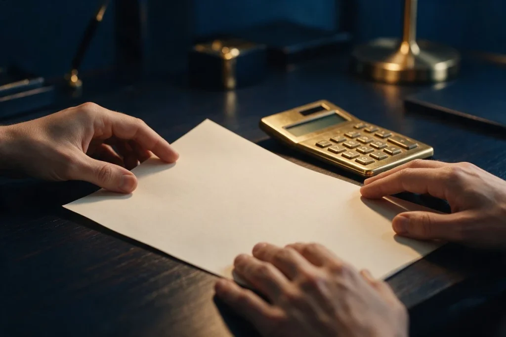 Mãos segurando um documento ao lado de uma calculadora sobre a mesa