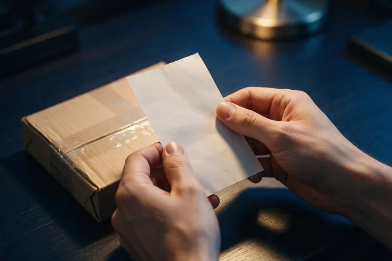 Mãos segurando um recibo ao lado de um pacote lacrado