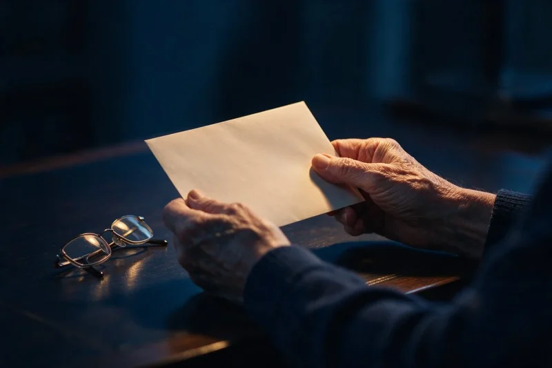 Mãos de uma pessoa idosa segurando uma carta, com óculos sobre a mesa