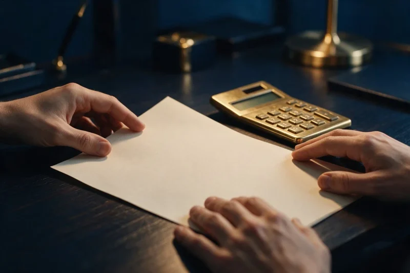 Mãos segurando um documento ao lado de uma calculadora sobre a mesa