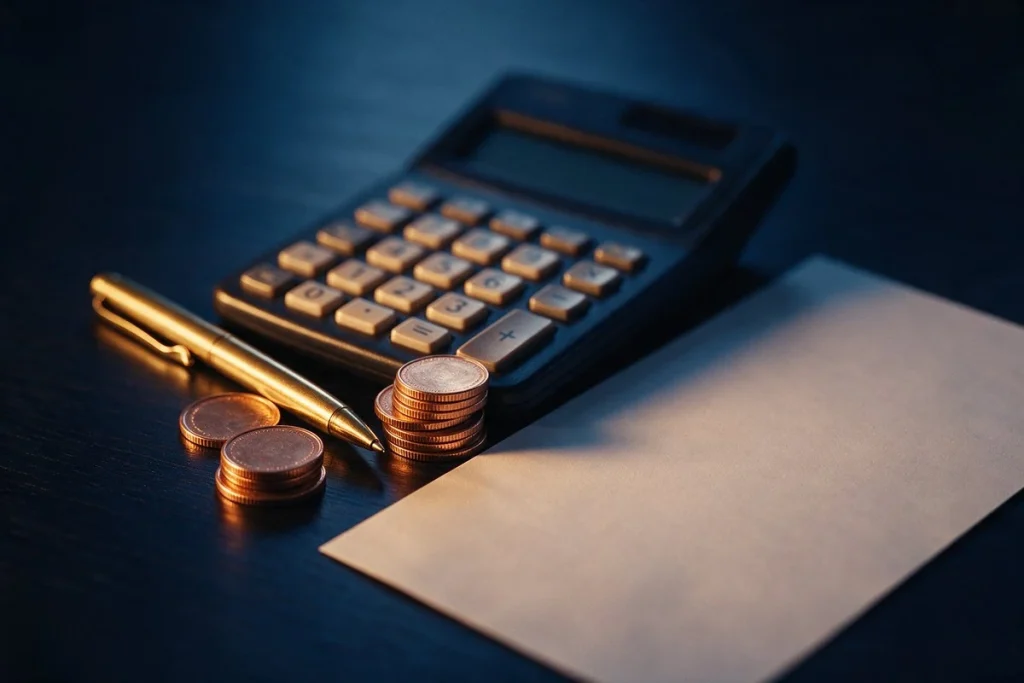 Calculadora, caneta dourada e moedas ao lado de um extrato em branco