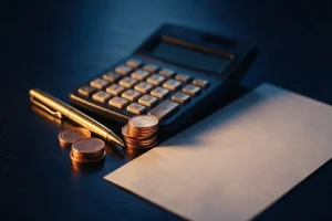 Calculadora, caneta dourada e moedas ao lado de um extrato em branco