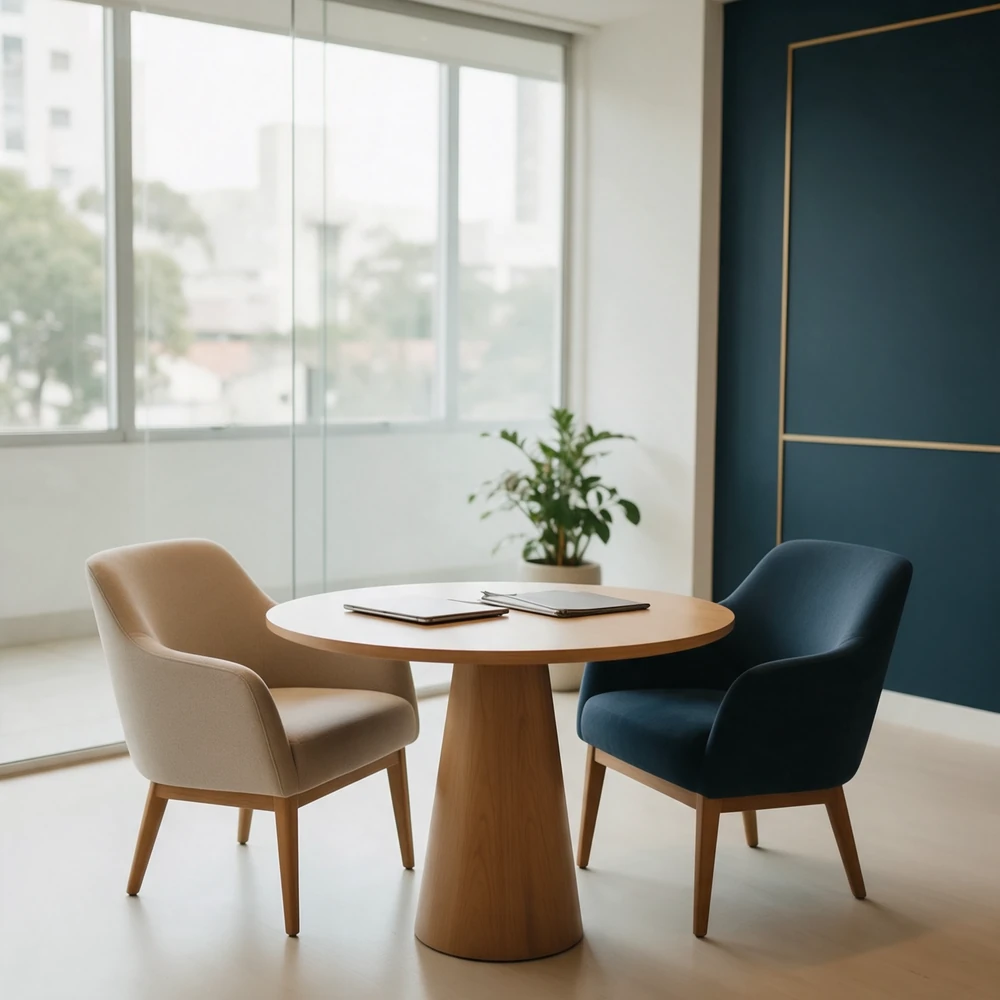 Sala de atendimento moderna com mesa redonda, poltronas e vidraça